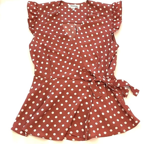 dark salmon pink brown polka dot faux wrap top peplum bottom M L - Picture 1 of 3